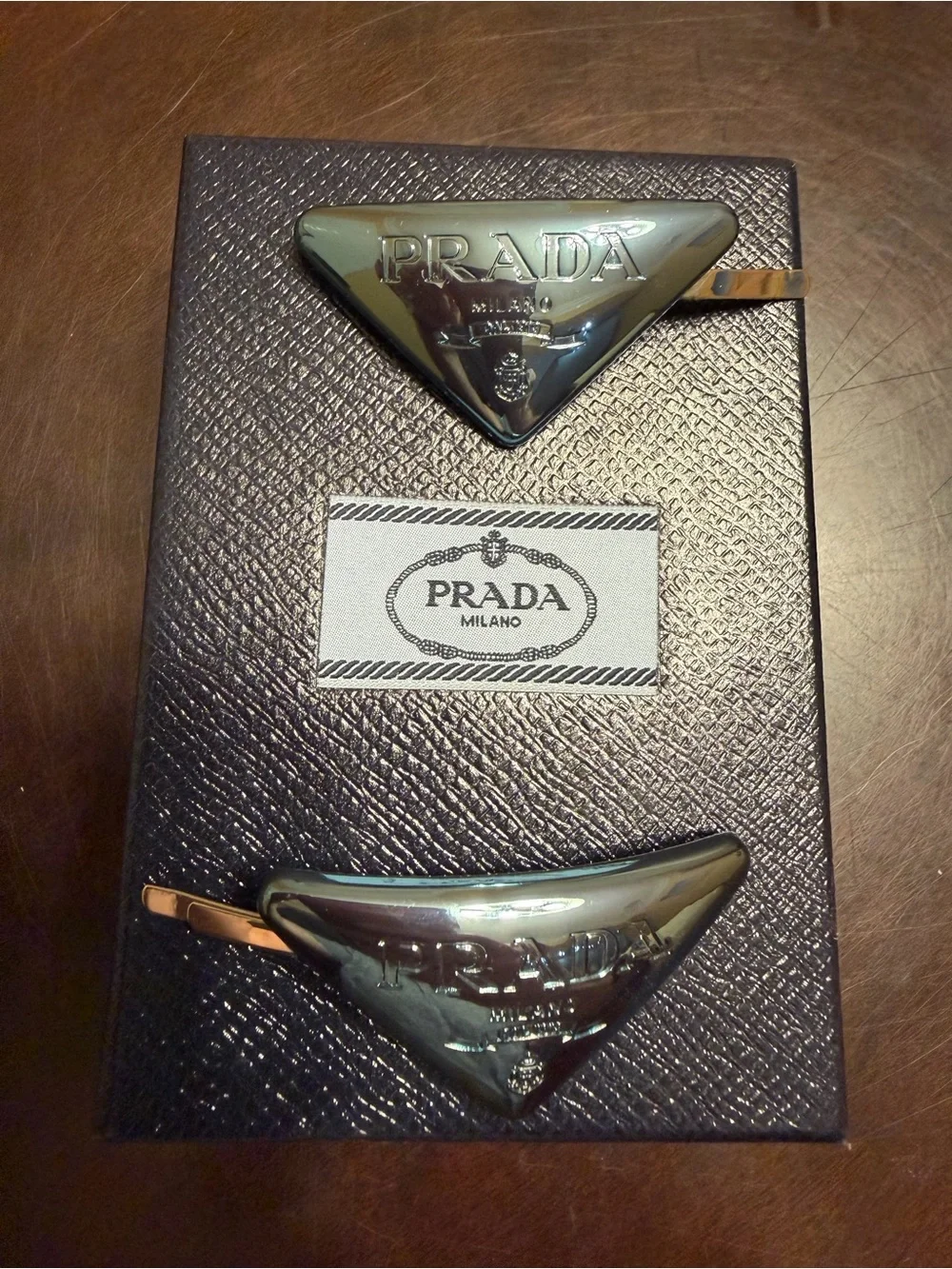 New Authentic Prada Triangle Logo Hair Clip Accessories 2 Pieces Metallic Blue